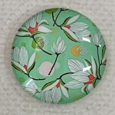 25mm Art Glass Backed Cabochons - White Tropical Flowers on Green