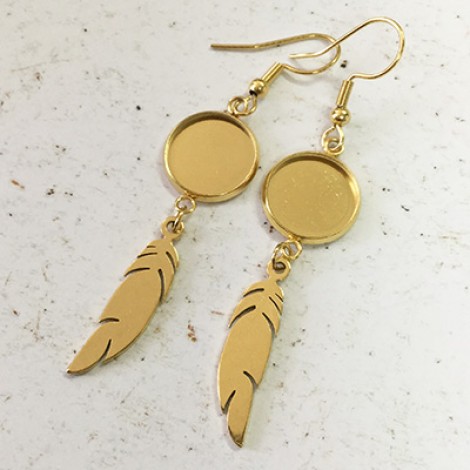 12mm ID 304 Gold Colour Stainless Steel Earring Bezel Settings with Feather Drop
