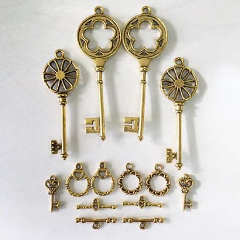 Antique Gold Plated Pewter Key Focal, Charm & Toggle Clasp Mix