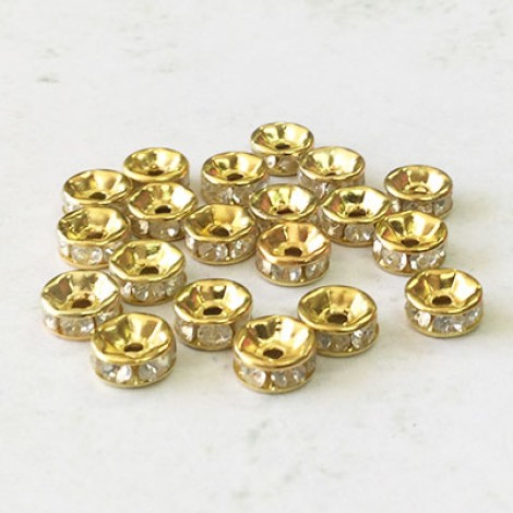 6mm Gold Plated Rhinestone Rondelles - Crystal