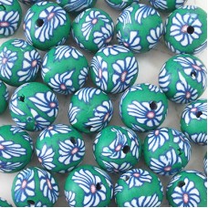 12-14mm Fimo Round Beads - Green with White + Blue Flowers