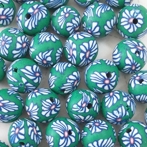 12-14mm Fimo Round Beads - Green with White + Blue Flowers