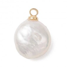 14.5x10x6mm Natural Keshi Pearl Flat Round Charms with Gold Plated Brass Loops - Per Pair