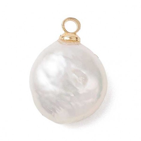 14.5x10x6mm Natural Keshi Pearl Flat Round Charms with Gold Plated Brass Loops - Per Pair