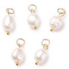 13-15mm Natural B-Grade Cultured Freshwater Rice Pearl Charms w-304 Gold Plated Stainless Steel Jumprings - Per Pair