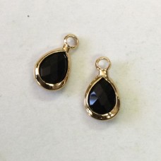 11.7x6.7x3.2mm Gold Plated Teardrop Faceted Black Glass Charms - Pack of 2