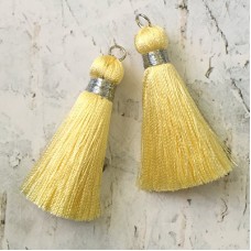 40mm Silk Tassels with Silver Metallic Thread & Jumpring - Lemon - 1 pair