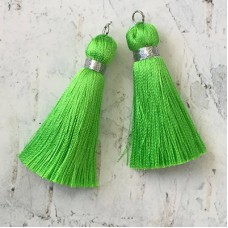 40mm Silk Tassels with Silver Metallic Thread & Jumpring - Lime Green - 1 pair
