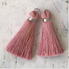40mm Silk Tassels with Silver Metallic Thread & Jumpring - Dusty Pink - 1 pair
