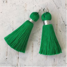 40mm Silk Tassels with Silver Metallic Thread & Jumpring - Emerald Green - 1 pair