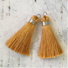 40mm Silk Tassels with Silver Metallic Thread & Jumpring - Gold Ochre - 1 pair