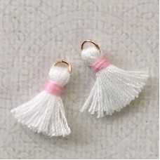 15mm Cotton Mini Tassels with Gold Jumpring - Pack of 10 - White/Pink