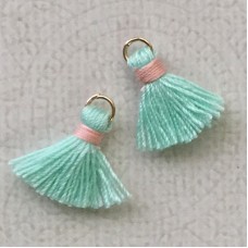 15mm Cotton Mini Tassels with Gold Jumpring - Pack of 10 - Aqua/Pink