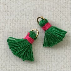 15mm Cotton Mini Tassels with Gold Jumpring - Pack of 10 - Green/Pink