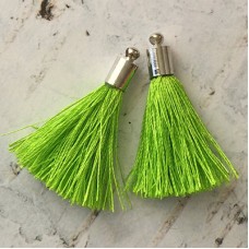 35mm Silk Tassels with Silver Beadcap - Lime Green