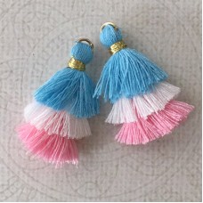 35mm Three Tier Mini Cotton Tassels with Loop - Pastel Blue Pink Mix - 1 pair