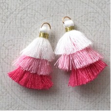 35mm Three Tier Mini Cotton Tassels with Loop - Light Pink Mix - 1 pair