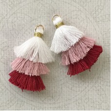 35mm Three Tier Mini Cotton Tassels with Loop - Whie Pink Deep Red Mix - 1 pair