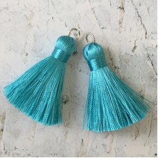 40mm Silk Tassels with Silver Jumpring - Turquoise - 1 pair