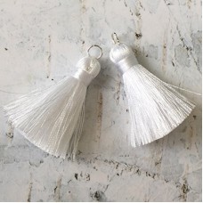 40mm Silk Tassels with Silver Jumpring - White - 1 pair