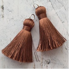 40mm Silk Tassels with Silver Jumpring - Medium Brown - 1 pair