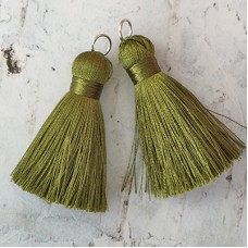 40mm Silk Tassels with Silver Jumpring - Olive Green - 1 pair