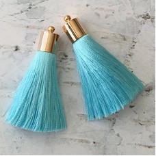 50mm Silk Tassels with Gold Plated Cap & Loop - Turquoise - 1 pair