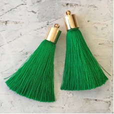 50mm Silk Tassels with Gold Plated Cap & Loop - Christmas Green - 1 pair