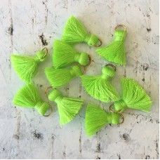 20mm Cotton Mini Tassels with Gold Jumpring - Pack of 10 - Lime Green/Gold