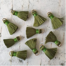 18mm Silk Mini Tassels with Gold Jumpring - Pack of 10 - Olive Green