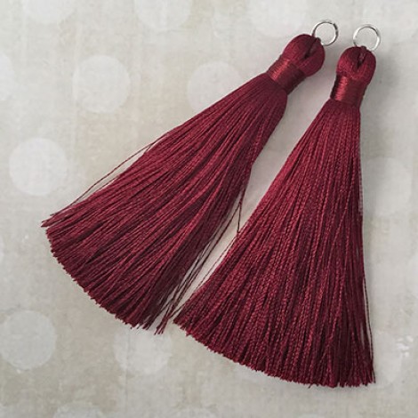 80mm Thick Bound Long Silk Tassels with Silver Jumpring - Burgundy