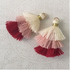 35mm Three Tier Mini Cotton Tassels with Loop - Cream, Pink + Burgundy Mix - 1 pair