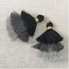 35mm Three Tier Mini Cotton Tassels with Loop - Black + Grey Mix - 1 pair