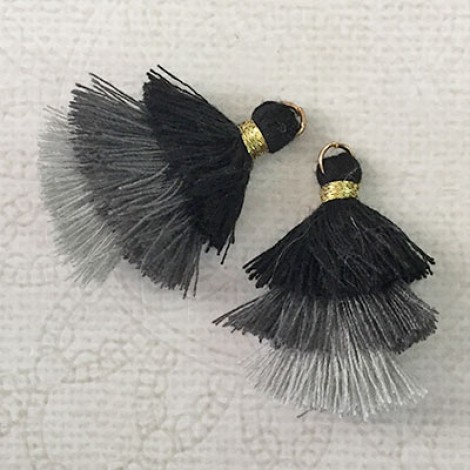35mm Three Tier Mini Cotton Tassels with Loop - Black + Grey Mix - 1 pair 35mm Three Tier Mini Cotton Tassels with Loop - Black + Grey Mix - 1 pair