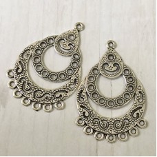 48x32mm Antique Silver Plated Filigree Large Teardrop Shape Decorative 7-Loop Tassel Drops - Per Pair