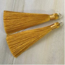 80mm Thick Bound Long Silk Tassels with Silver Jumpring - Ochre Gold