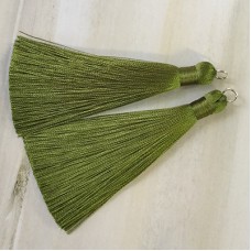80mm Thick Bound Long Silk Tassels with Silver Jumpring - Olive Green