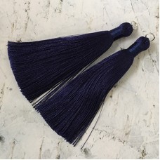 80mm Thick Bound Long Silk Tassels with Silver Jumpring - Midnight Blue