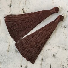 80mm Thick Bound Long Silk Tassels with Silver Jumpring - Dark Chocolate - Per Pair