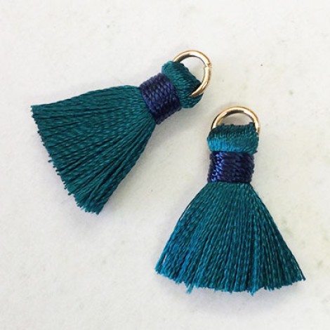 18mm Silk Mini Tassels with Gold Jumpring - Pack of 10 - Teal