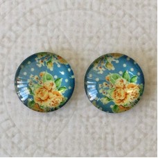 12mm Art Glass Backed Cabochons  - Vintage Flowers 3 - Per Pair