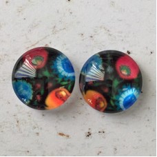 12mm Handmade Art Image Backed Glass Cabochons - Folk Art Flowers 1 - Per Pair