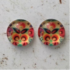 12mm Handmade Art Image Backed Glass Cabochons - Folk Art Flowers 9 - Per Pair
