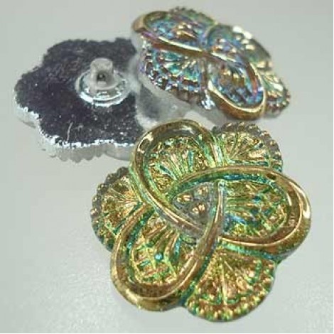 27mm Czech Glass Buttons - Vitrail Pink & Gold Flower Knot - Each