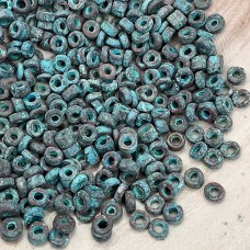 3mm Greek Metallized Handmade Rustic Ceramic Seed Beads - Green Patina Copper - 12gm vial