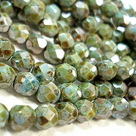 6mm Czech Firepolish Beads - Opaque Green Luster - Pack of 20