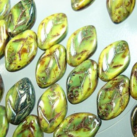 12x7mm Czech Leaf Beads - Picasso Op Yellow-Jet
