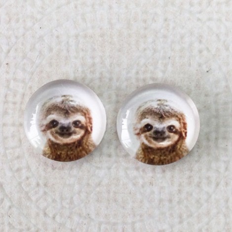 12mm Art Glass Backed Cabochons  - Happy Sloth - Per Pair