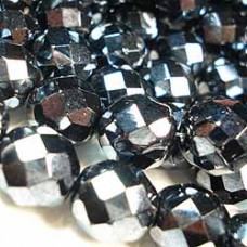 12mm Czech Glass Firepolish Round Beads - Hematite - Pack of 10