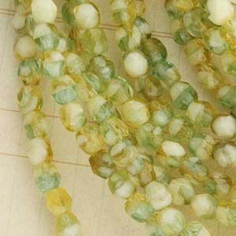 4mm Czech Firepolish Beads - Lt Green Aqua w/Yellow & Beige - Pack of 50